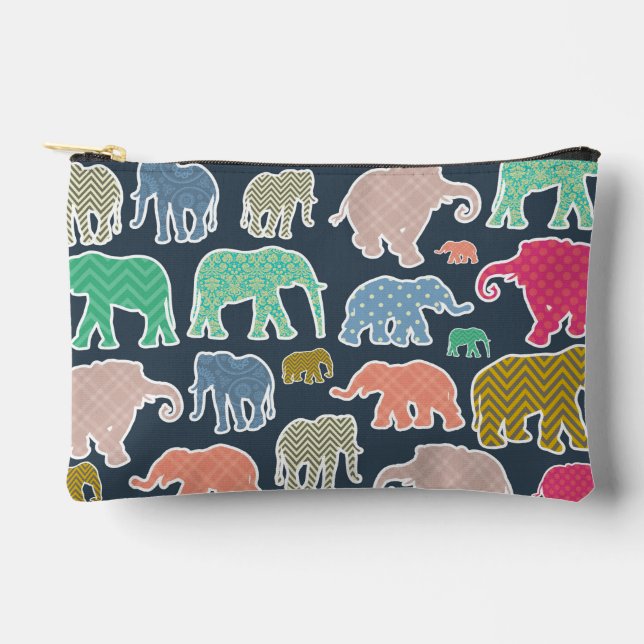 Colourful Elephants, Pattern Of Elephants, Zigzag Accessory Pouch (Front)
