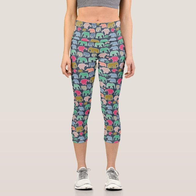 Colourful Elephants, Pattern Of Elephants, Zigzag Capri Leggings (Front)