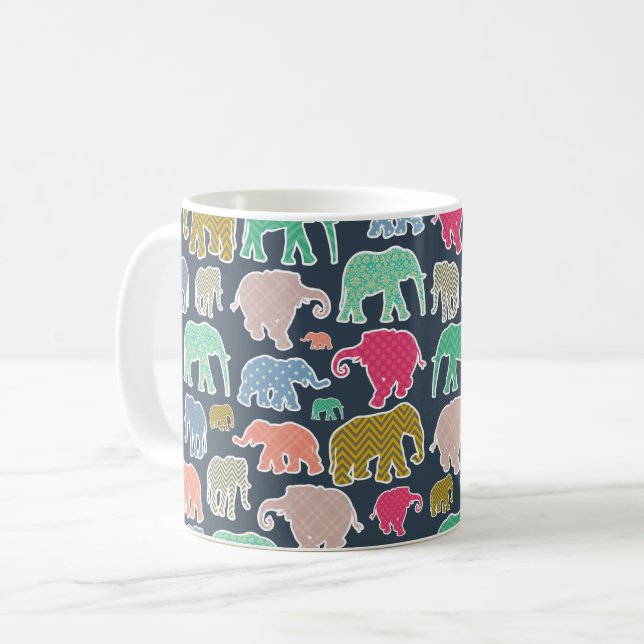 Colourful Elephants, Pattern Of Elephants, Zigzag Coffee Mug (Front Left)