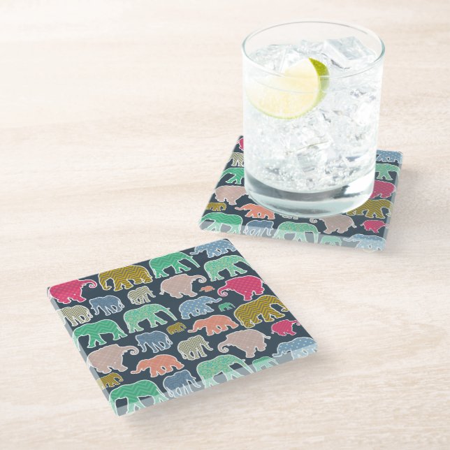 Colourful Elephants, Pattern Of Elephants, Zigzag Glass Coaster (Angled)