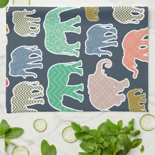 Colourful Elephants, Pattern Of Elephants, Zigzag Kitchen Towel (Folded)