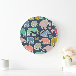 Colourful Elephants, Pattern Of Elephants, Zigzag Large Clock