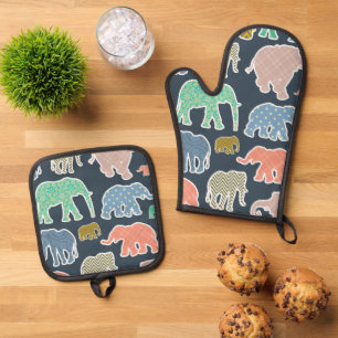 Colourful Elephants, Pattern Of Elephants, Zigzag Oven Mitt & Pot Holder Set