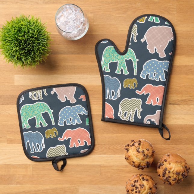 Colourful Elephants, Pattern Of Elephants, Zigzag Oven Mitt & Pot Holder Set (Top Down)