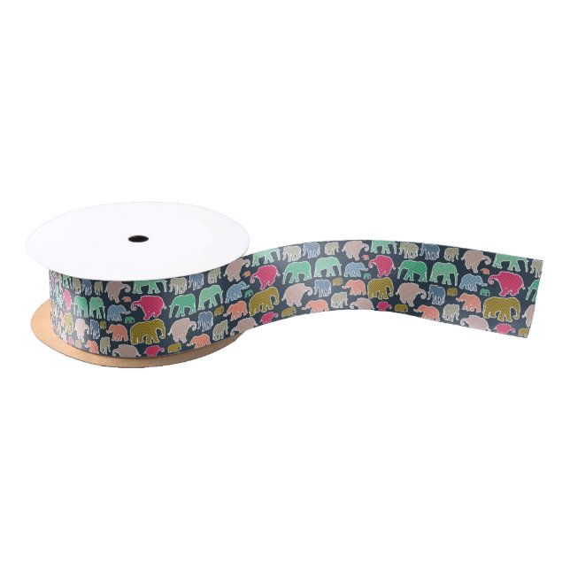 Colourful Elephants, Pattern Of Elephants, Zigzag Satin Ribbon (Spool)
