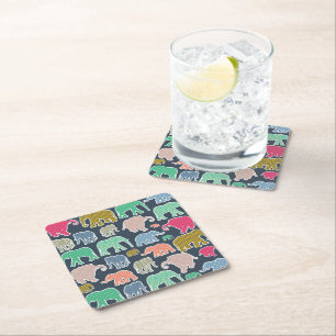 Colourful Elephants, Pattern Of Elephants, Zigzag Square Paper Coaster