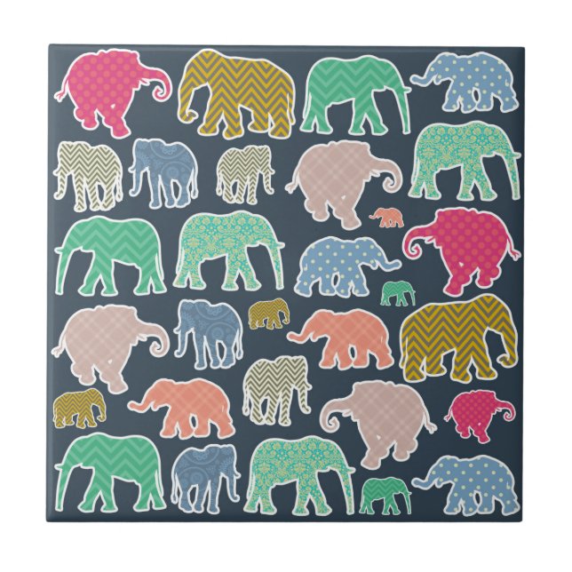 Colourful Elephants, Pattern Of Elephants, Zigzag Tile (Front)