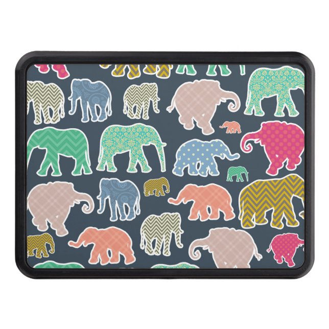 Colourful Elephants, Pattern Of Elephants, Zigzag Trailer Hitch Cover (Front)