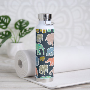 Colourful Elephants, Pattern Of Elephants, Zigzag Water Bottle