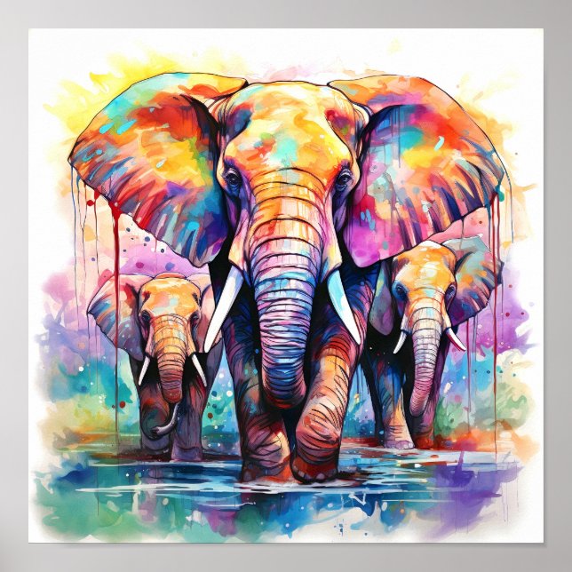 Colourful Elephants Watercolor Painting  Poster (Front)
