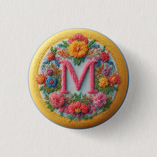 Colourful Embroidered Alphabet Design 1 Inch Round Button (Front)