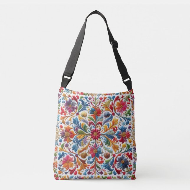 Colourful Embroidery Looking Floral Design Crossbody Bag (Front)