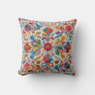 Colourful Embroidery Looking Floral Design Throw Pillow