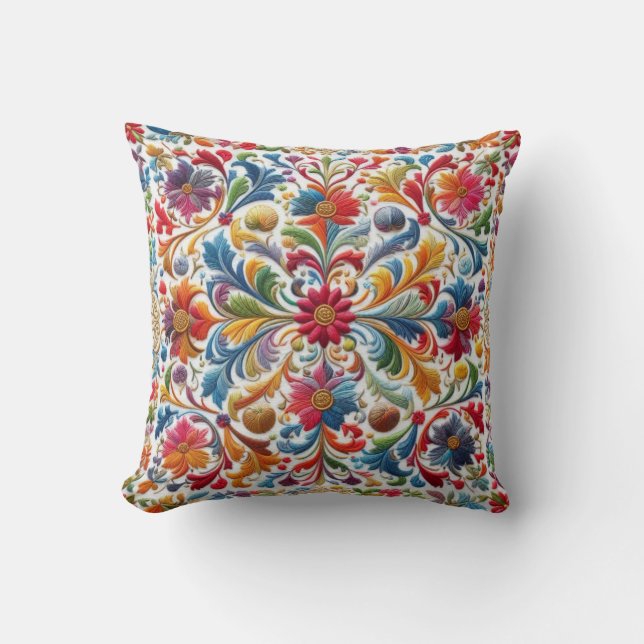 Colourful Embroidery Looking Floral Design Throw Pillow (Front)