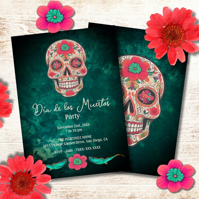 Colourful Emerald Sugar Skull Dia de los Muertos Invitation (Creator Uploaded)