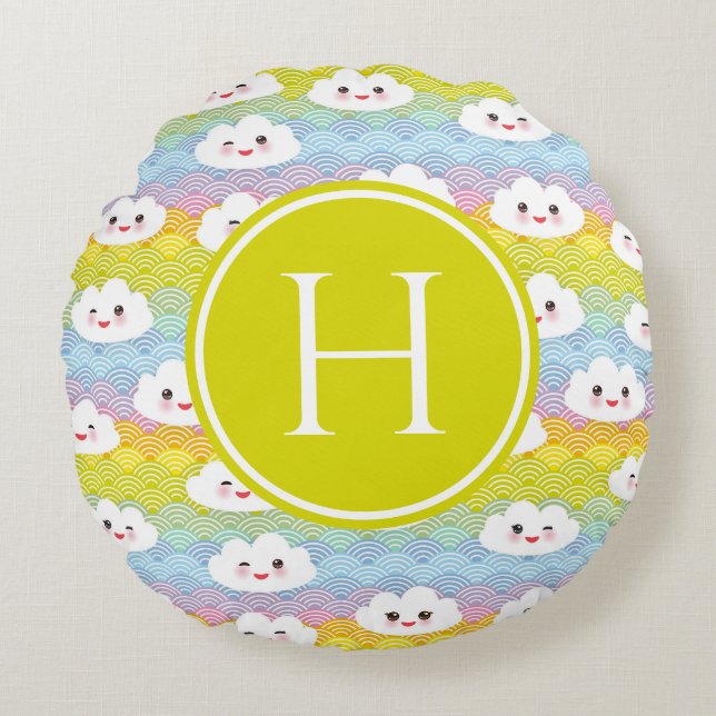 Colourful Emoji Kawaii Clouds Pattern Monogram Round Pillow (Front)