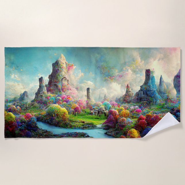 Colourful Enchanted Forest Alien Landscape Beach Towel (Front)