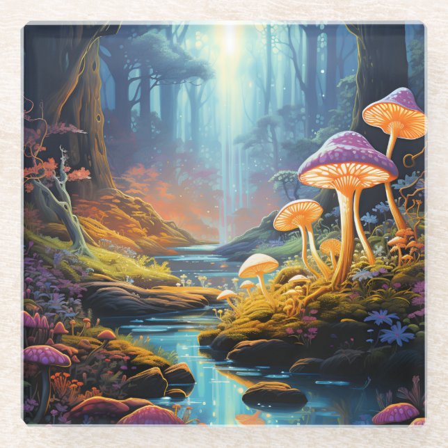 Colourful Enchanted Forest Fantasy Luminescence Glass Coaster (Front)