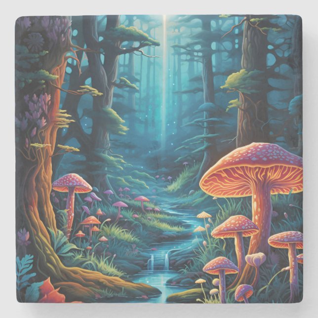 Colourful Enchanted Forest Fantasy Luminescence Stone Coaster (Front)