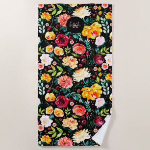 Colourful English garden flowers pattern monograms Beach Towel