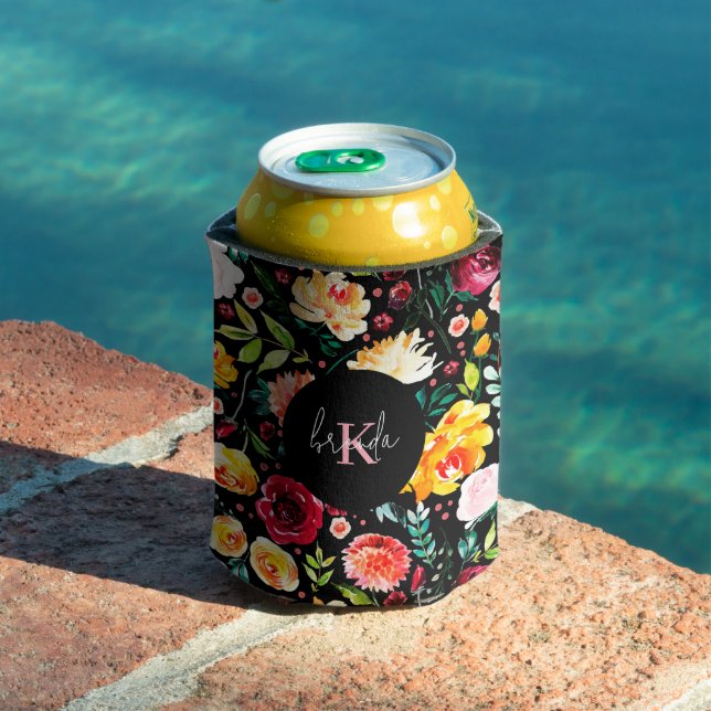 Colourful English garden flowers pattern monograms Can Cooler (In Situ Pool)