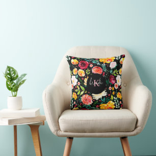 Colourful English garden flowers pattern monograms Throw Pillow