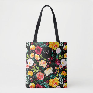 Colourful English garden flowers pattern monograms Tote Bag