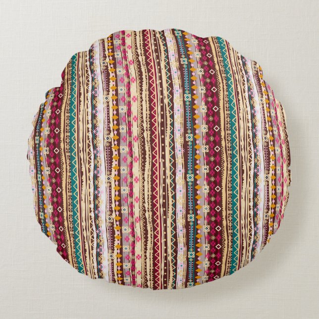 Colourful Ethnic Boho Tribal Pattern Round Pillow (Front)