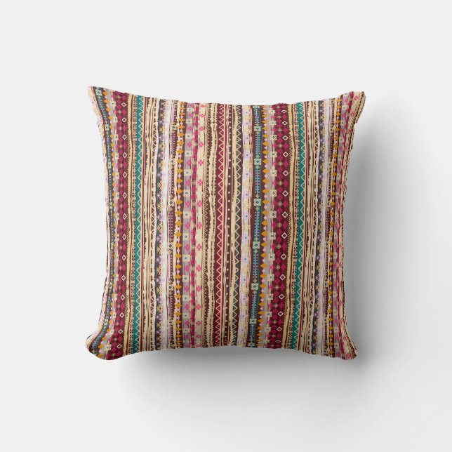 Colourful Ethnic Boho Tribal Pattern Throw Pillow (Front)
