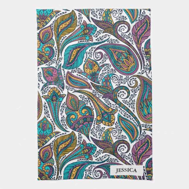 Colourful ethnic floral paisley kitchen towel (Vertical)