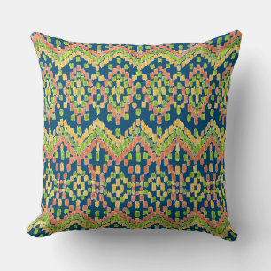Colourful Ethnic Ikat Pattern on Blue Throw Pillow