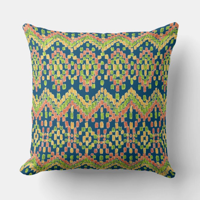 Colourful Ethnic Ikat Pattern on Blue Throw Pillow (Front)