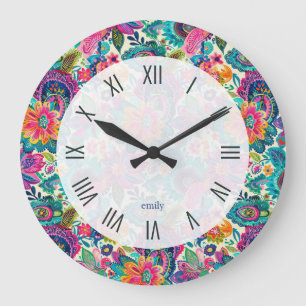 Colourful ethnic paisley pattern large clock