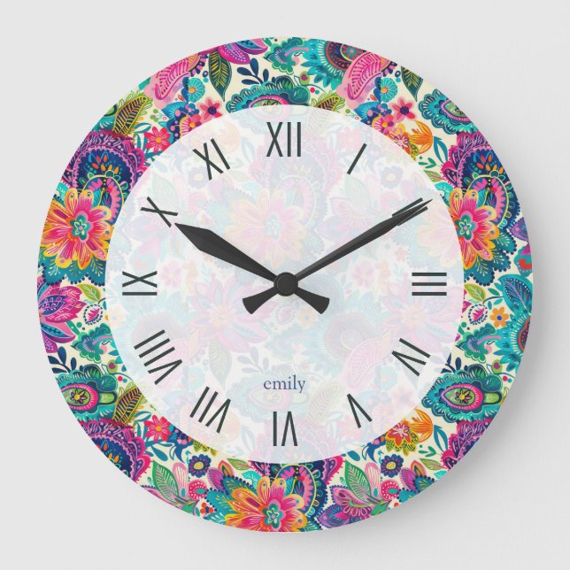 Colourful ethnic paisley pattern large clock (Front)