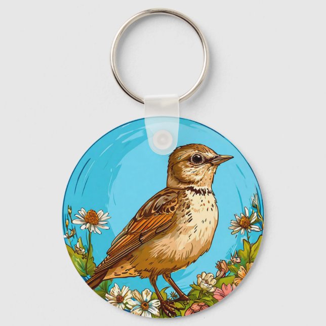 Colourful Eurasian skylark Bird Amid Blooming Flow Keychain (Front)