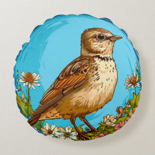 Colourful Eurasian skylark Bird Amid Blooming Flow Round Pillow