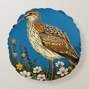 Colourful European curlew Bird Amid Blooming Flowe Round Pillow