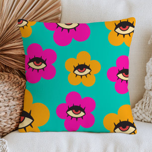 Colourful Evil Eye Flowers Maximalist Floral Throw Pillow