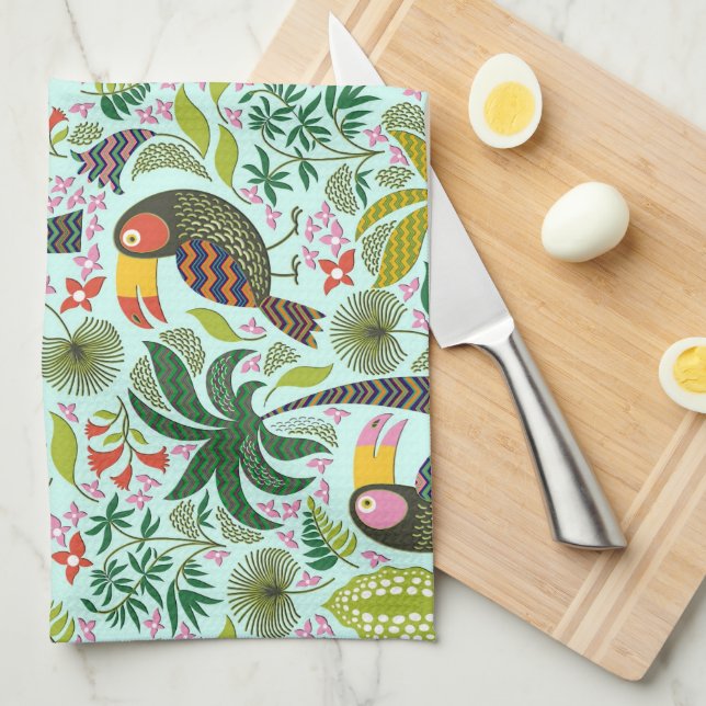 Colourful Exotic Birds And Flowers Pattern Kitchen Towel (Quarter Fold)