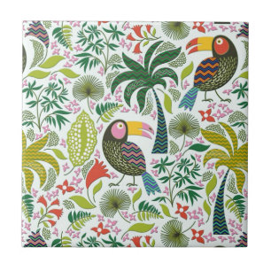Colourful Exotic Birds And Flowers Pattern Tile