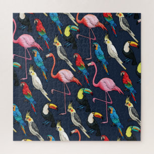 Colourful Exotic Birds Dark Pattern Jigsaw Puzzle