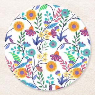 Colourful Exotic Floral Background Pattern-23145 Round Paper Coaster