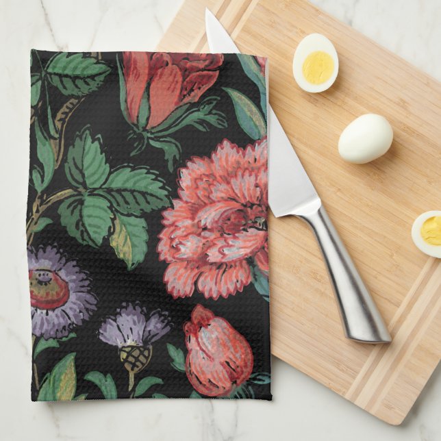 Colourful Exotic Floral & Bird-Black Background  Kitchen Towel (Quarter Fold)