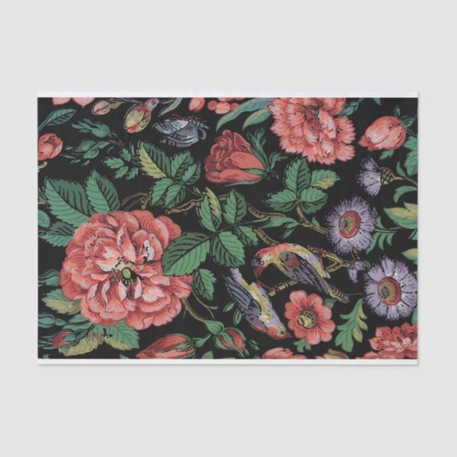 Colourful Exotic Floral & Bird-Black Background  Tissue Paper (Front)