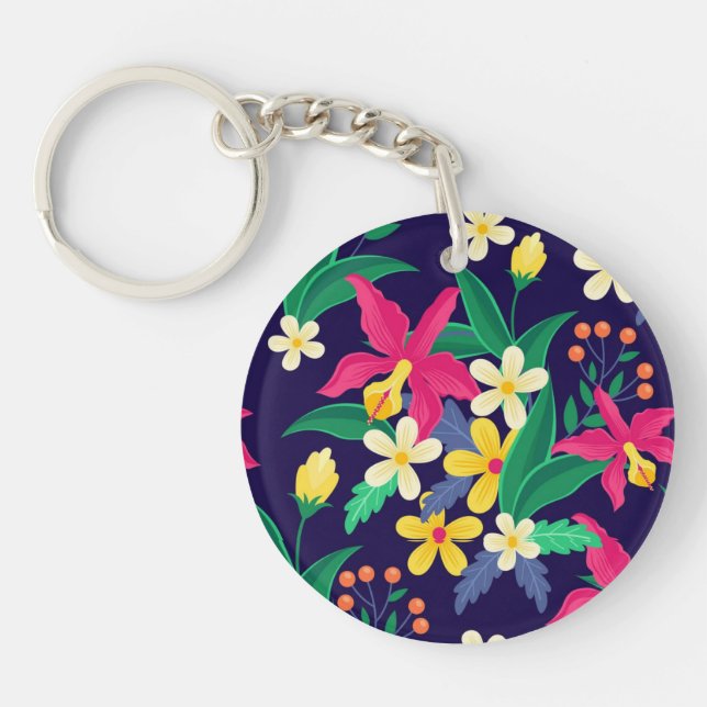 Colourful Exotic Floral Pattern-23021 Keychain (Front)