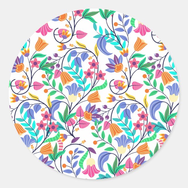Colourful Exotic Floral Pattern Classic Round Sticker (Front)
