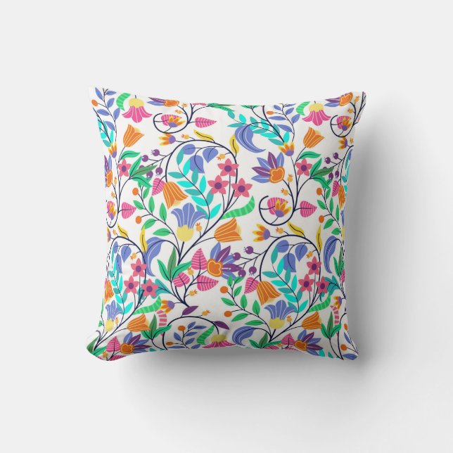 Colourful Exotic Floral Pattern Throw Pillow (Front)