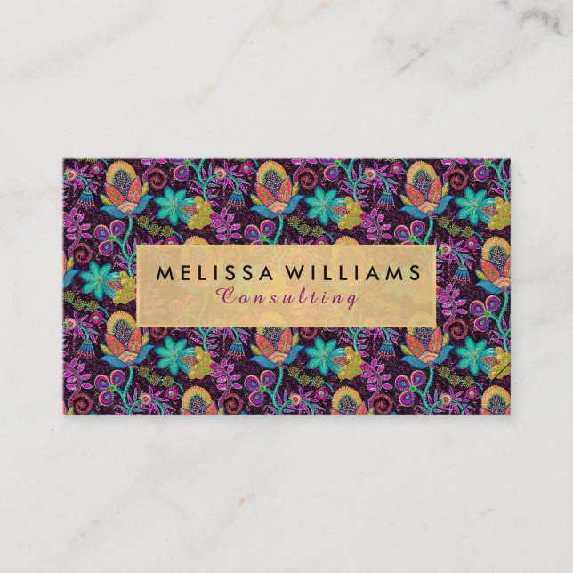 Colourful Exotic Flowers Gold Accents Business Card (Front)
