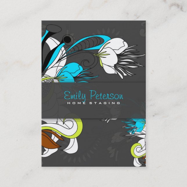 Colourful Exotic Flowers Grey Background Business Card (Front)