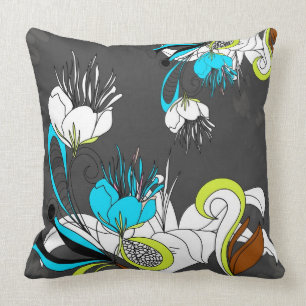 Colourful Exotic Flowers Grey Background Throw Pillow